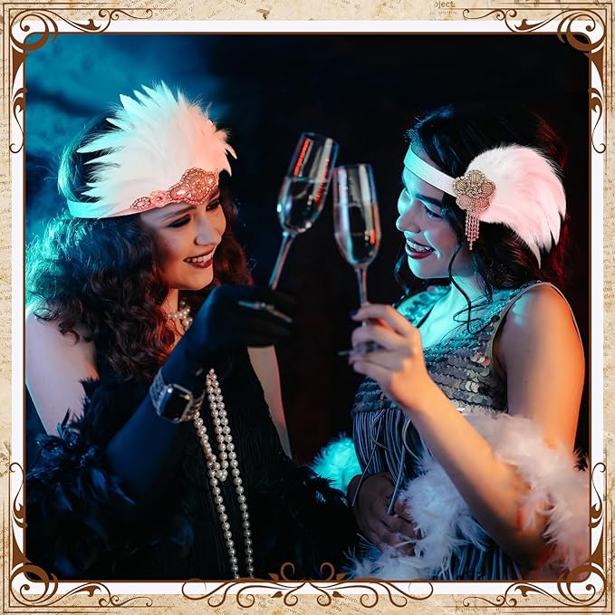 Flapper Sequin/Feather Headband – Vintage 1920s Flapper Rhinestone Headband - WHITE - Image 5