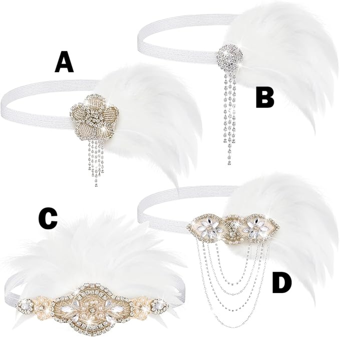 Flapper Sequin/Feather Headband – Vintage 1920s Flapper Rhinestone Headband - WHITE