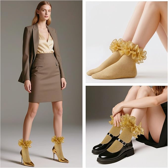 SOCKS - Women's Glittery Ruffle Ankle Socks (Size 6-11) - Image 5