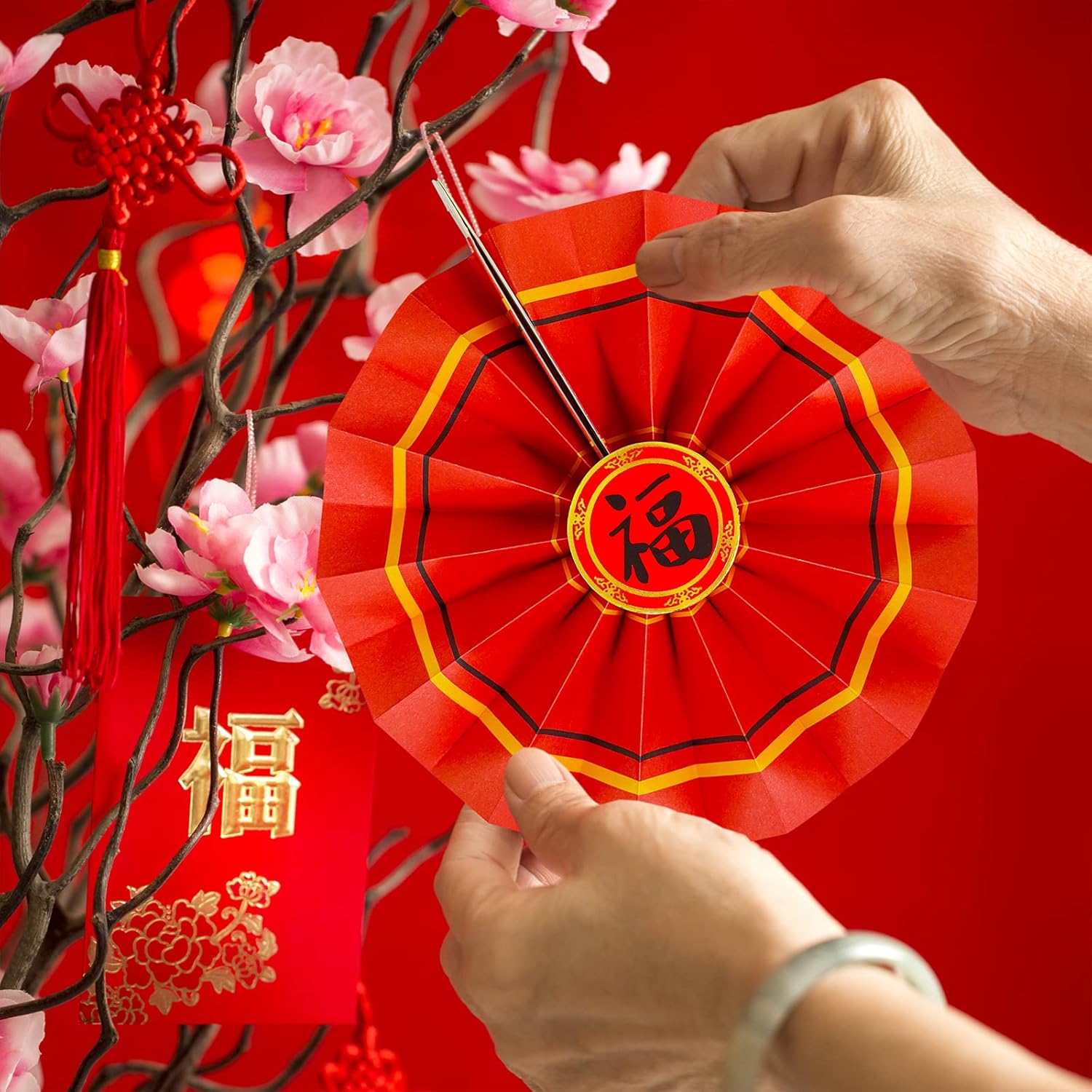 PARTY DECORATIONS - Happy New Year's - 20 Pcs Chinese Red Lanterns Oriental Hanging Lucky Paper Fans Decorations - Image 2