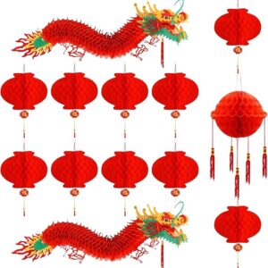 PARTY DECORATIONS - Happy New Year's - Chinese New Year Decorations - 2PCS 3D New Year Dragon Garland Decoration with Ball & 10PCS Red Plastic Lanterns
