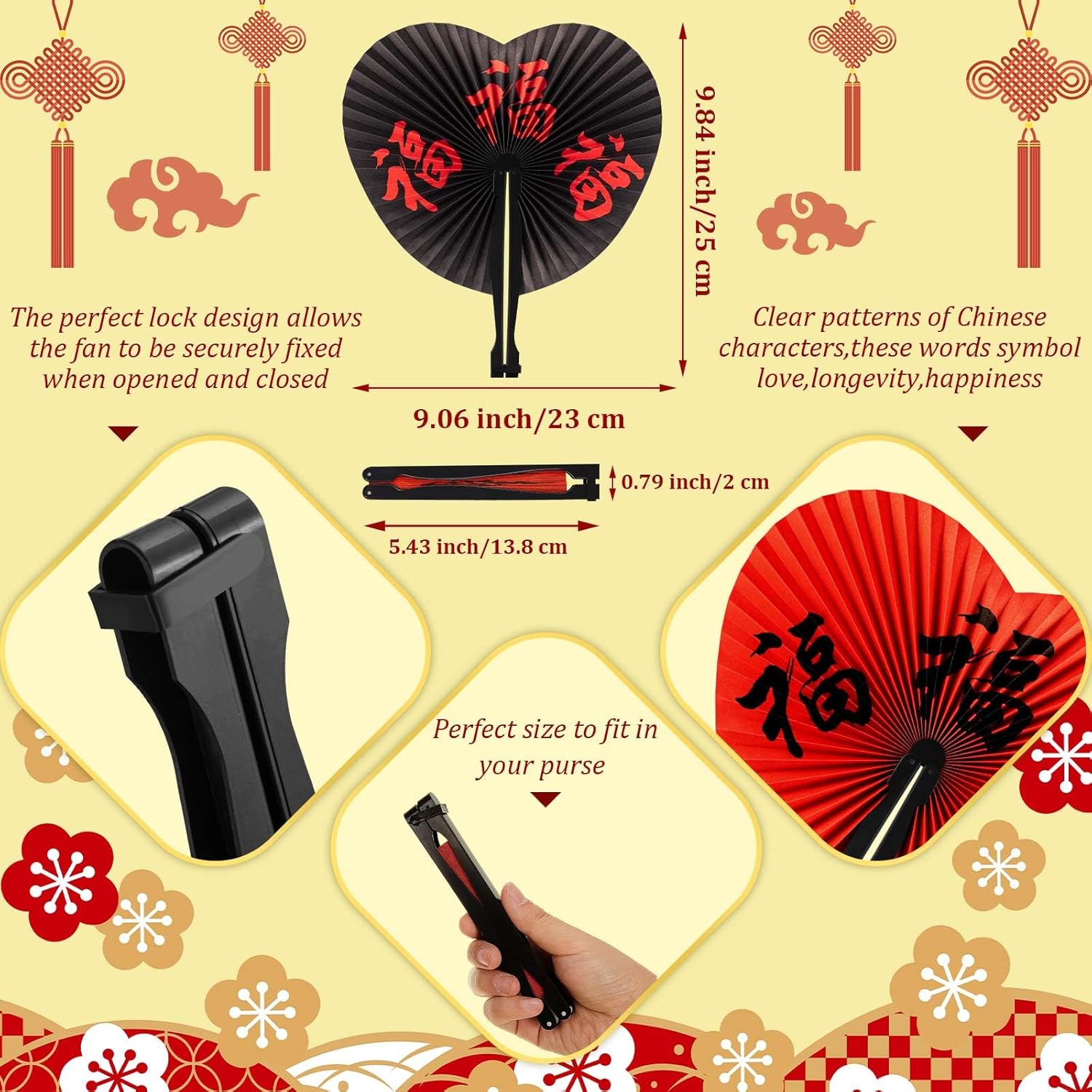 PARTY DECORATIONS - Happy New Year's - Asian Oriental handheld Characters Folding Fans - HEART SHAPE - Image 5