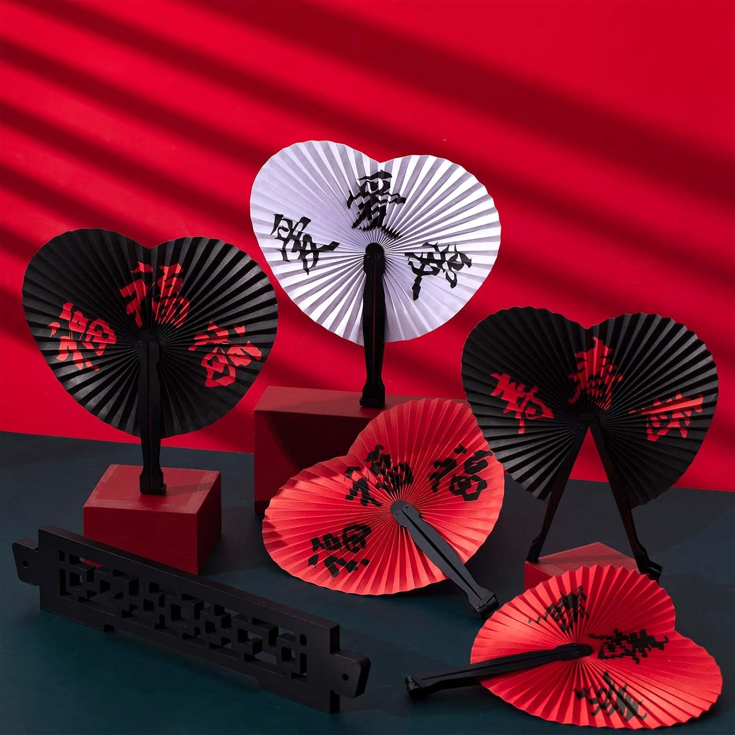 PARTY DECORATIONS - Happy New Year's - Asian Oriental handheld Characters Folding Fans - HEART SHAPE - Image 4
