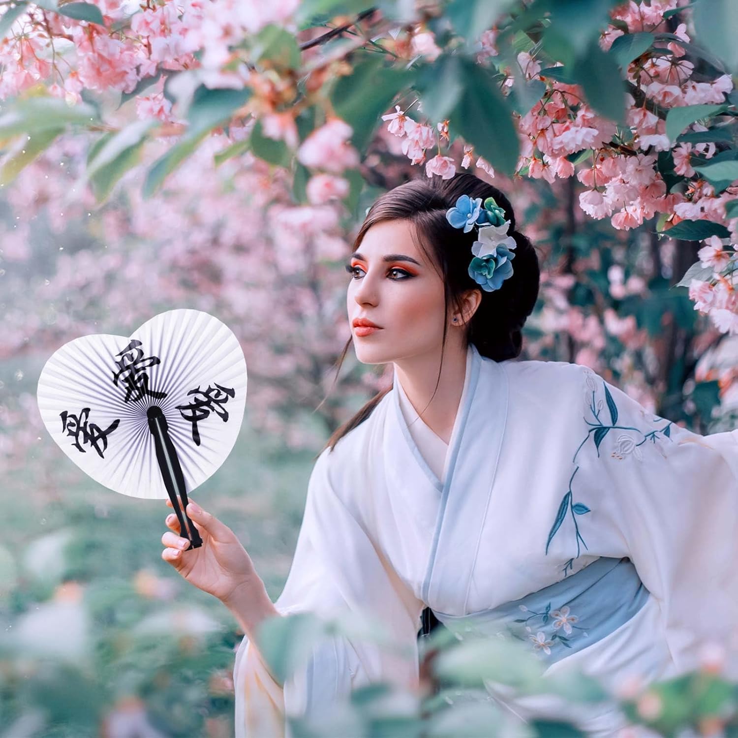 PARTY DECORATIONS - Happy New Year's - Asian Oriental handheld Characters Folding Fans - HEART SHAPE - Image 3