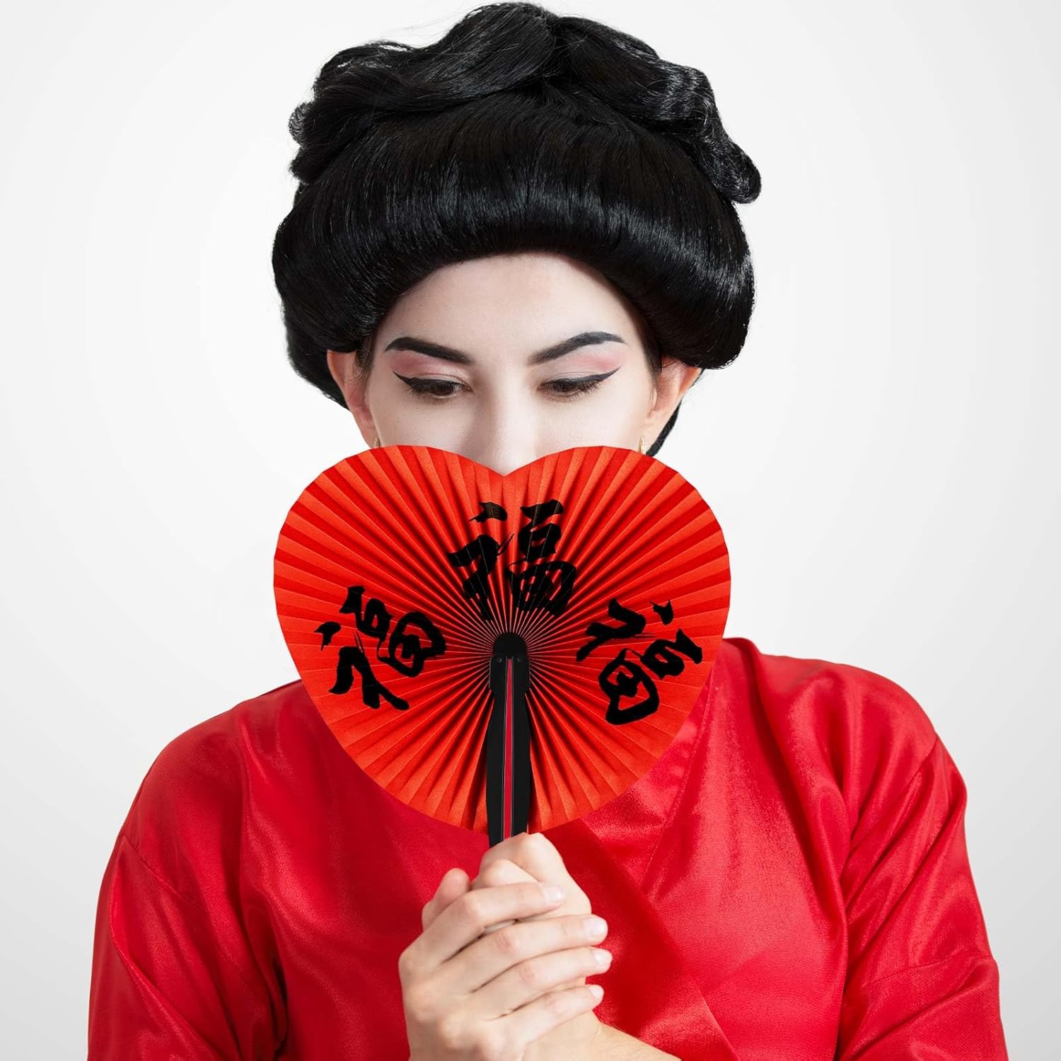 PARTY DECORATIONS - Happy New Year's - Asian Oriental handheld Characters Folding Fans - HEART SHAPE - Image 2