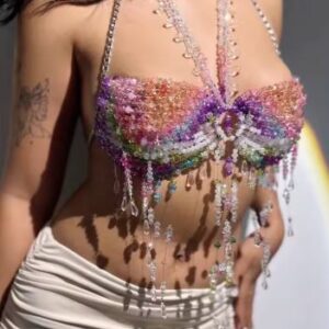 HANDMADE Hollow Out Harness Beaded Neck Bra - COLORFUL WHITE