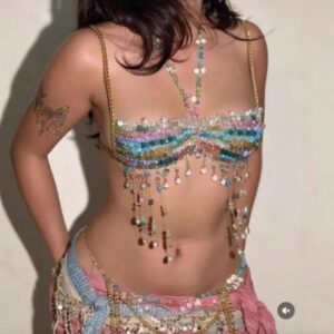 HANDMADE Hollow Out Harness Beaded Neck Bra - NEUTRAL WHITE