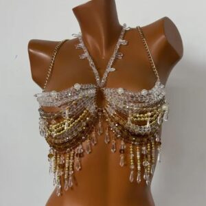 Handmade Lingerie Harness Halter Neck Beaded Bra - WHITE-GOLD