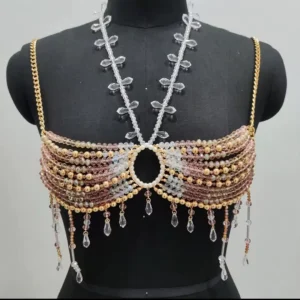 Women's Handmade Crystal Champagne Body Chain Jewelry Beading Camisole Vest Bikini Bra Top