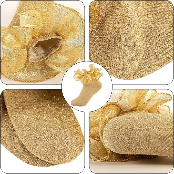 SOCKS - Kids Toddler Girl Ruffle Frilly Double Lace Dress Socks - GOLD SIZE 2-4 - Image 4