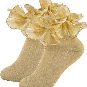 SOCKS - Kids Toddler Girl Ruffle Frilly Double Lace Dress Socks - GOLD SIZE 2-4
