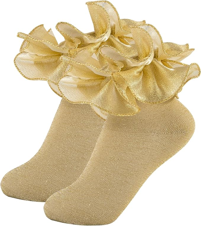 SOCKS - Kids Toddler Girl Ruffle Frilly Double Lace Dress Socks - GOLD SIZE 2-4