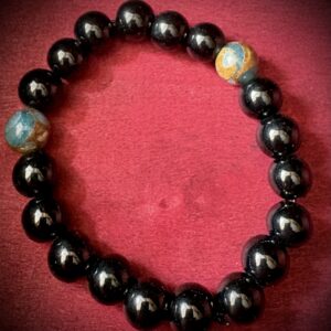 BRACELET - 10MM Black Polished Onyx with Natural Lake Blue Cloisonne