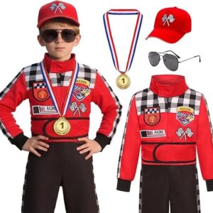 Career Day RACE CAR DRIVER – Boys RED Racer Jumpsuit with Cap and accessories SIZE 3-4