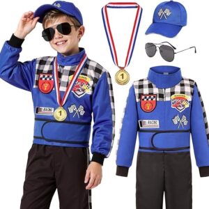 Career Day RACE CAR DRIVER – Boys Blue Racer Jumpsuit with Cap and accessories