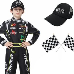 Career Day RACE CAR DRIVER – Race Car Driver Costume Boys Racer Jumpsuit with Car Cap BLACK SIZE: XL(for height 57"-60")