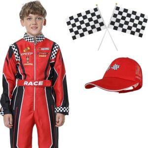 Career Day RACE CAR DRIVER – Race Car Driver Costume Boys Racer Jumpsuit with Car Cap RED-BLACK SIZE: XL (for height 57"-60")