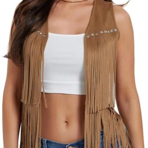 WESTERN - Women LONG Fringe Vest 60s 70s Hippie Vest Sleeveless Cowgirl Western Faux Suede Tassel Jacket