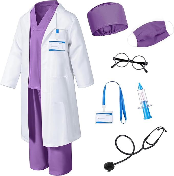 Career Day DOCTOR - 9PC Doctor Costume for Kids Scrubs Pants with Accessories Set - PURPLE - Image 5