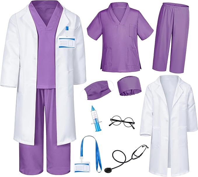 Career Day DOCTOR - 9PC Doctor Costume for Kids Scrubs Pants with Accessories Set - PURPLE