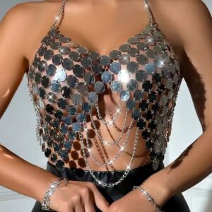 Women's Sexy see through metal sequin corset crop top - SILVER