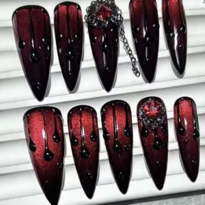 FASHION NAILS - 10PCS Dark Blood Red Long Tip Press on Nails