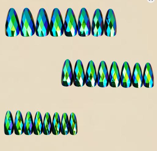 FASHION NAILS - 24PC Metallic Holographic Plated 3D rhombus design press on false nail - DARK GREEN - Image 2