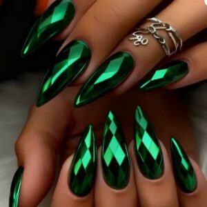 FASHION NAILS - 24PC Metallic Holographic Plated 3D rhombus design press on false nail - DARK GREEN