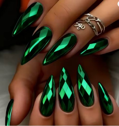 FASHION NAILS - 24PC Metallic Holographic Plated 3D rhombus design press on false nail - DARK GREEN