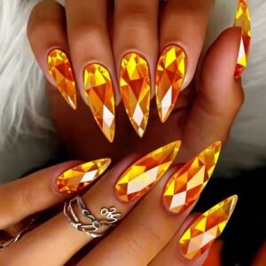 FASHION NAILS - 24PC Metallic Holographic Plated 3D rhombus design press on false nail - YELLOW