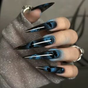 FASHION NAILS - 24PCS Dark Blue Butterfly Gradient French Pointed Fake Nails