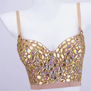 CORSET BUSTIER CROP TOP - HAND SEWN COLORED Acrylic Rhinestone Bustier Crop Top GOLD
