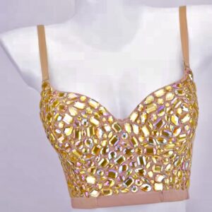 CORSET BUSTIER CROP TOP - HAND SEWN COLORED Acrylic Rhinestone Bustier Crop Top GOLD