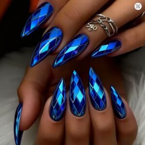 FASHION NAILS - 24PC Metallic Holographic Plated 3D rhombus design press on false nail - Dark Blue