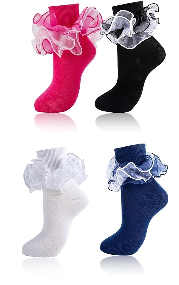 SOCKS - Women Big Ruffle Socks Adult 4-Layer Lace Frilly Ankle Socks (Size 9-11)