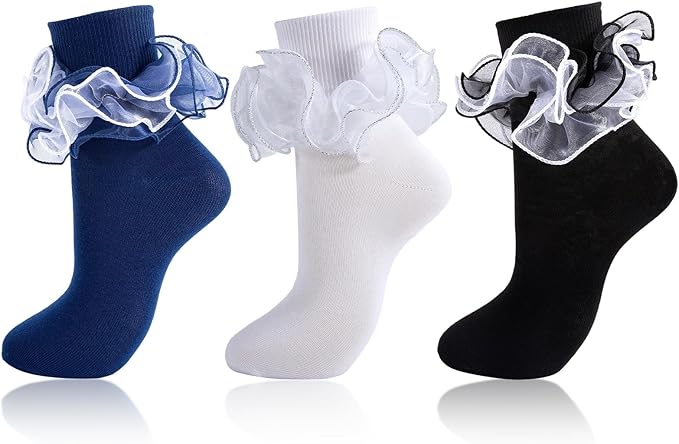 SOCKS - Women Big Ruffle Socks Adult 4-Layer Lace Frilly Ankle Socks (Size 9-11) - Image 3