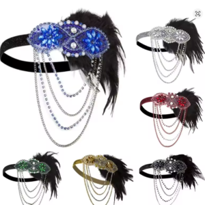 Flapper Sequin/Feather Headband – 1920s Feather Chains Charleston Great Gatsby Beaded Headband