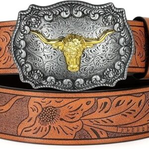 BELTS: Women Men Western Longhorn Bull Buckle Floral Embossed Belt - BROWN-SILVER