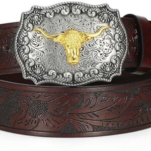 BELTS: Western PU Leather Belt for Men and Women Cowboy Cowgirl Belt Western Embossed - COFFEE-SILVER Fit Size 38"-42"