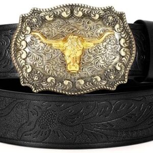 BELTS: Women Men Western Longhorn Bull Buckle Floral Embossed Belt - BLACK-GOLD