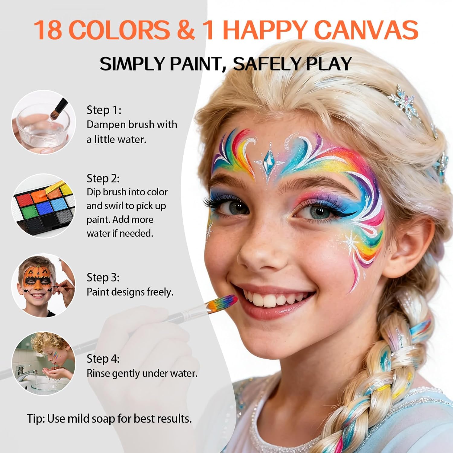Face Paint PALETTE - 18 Colors Face Body Paint Kit for Kids Adults, Non-Toxic 10 Brushes | Water-Activated & Skin-Safe Face Painting - Image 2