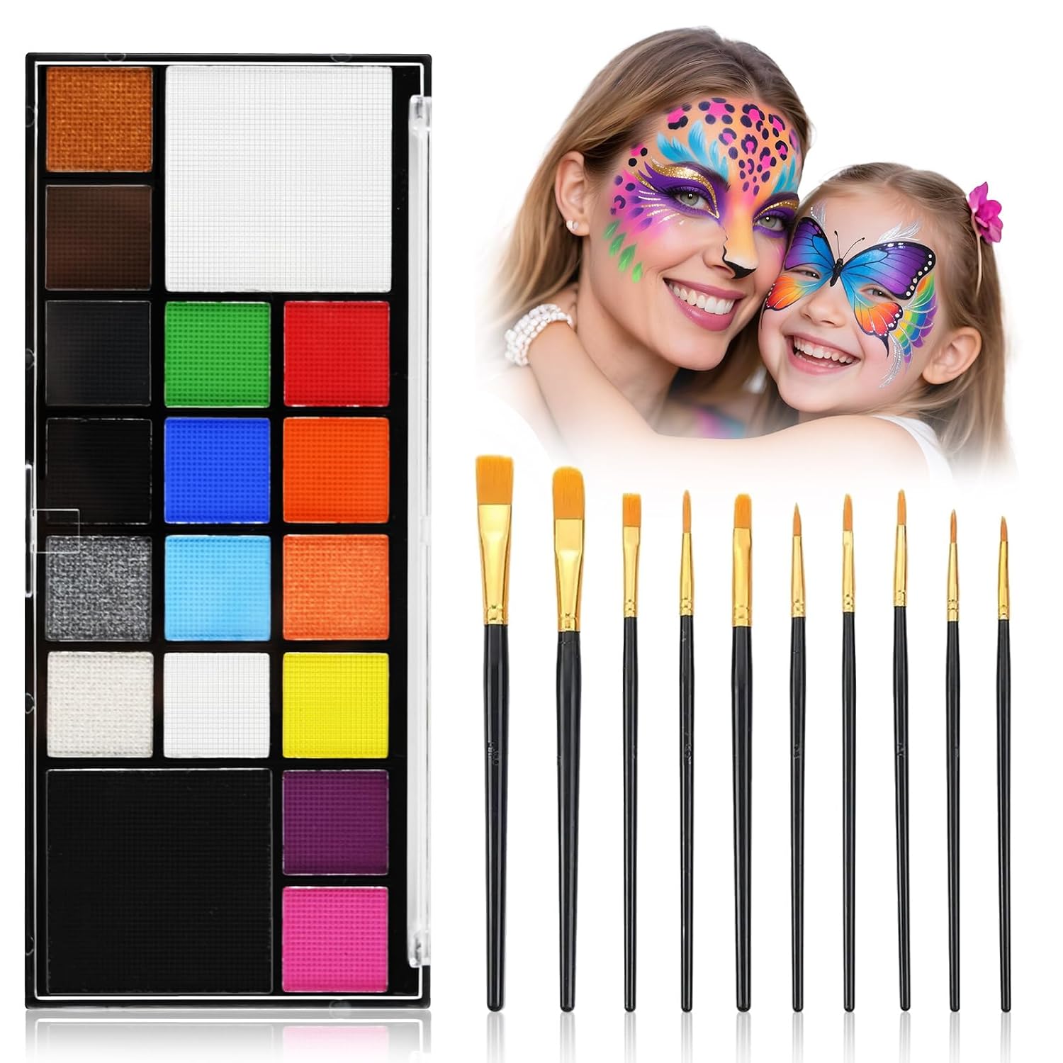 Face Paint PALETTE - 18 Colors Face Body Paint Kit for Kids Adults, Non-Toxic 10 Brushes | Water-Activated & Skin-Safe Face Painting