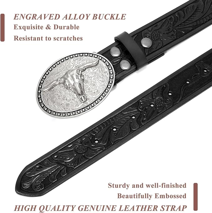 BELTS: Women Men Western Longhorn Bull Buckle Floral Embossed Belt - BLACK-SILVER - Image 2