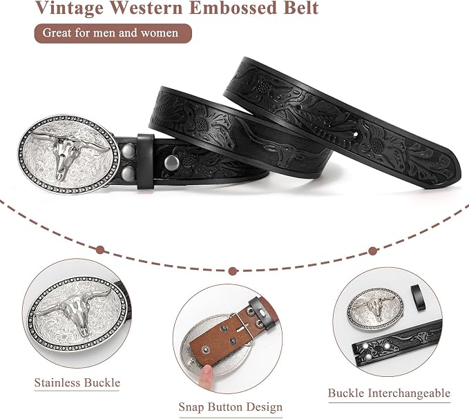 BELTS: Women Men Western Longhorn Bull Buckle Floral Embossed Belt - BLACK-SILVER - Image 3
