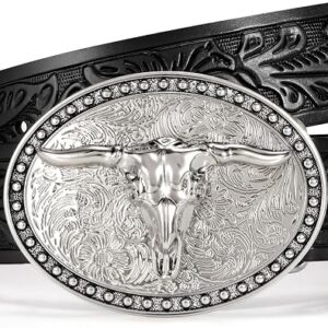 BELTS: Women Men Western Longhorn Bull Buckle Floral Embossed Belt - BLACK-SILVER