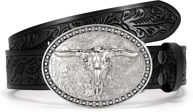 BELTS: Women Men Western Longhorn Bull Buckle Floral Embossed Belt - BLACK-SILVER