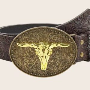 BELTS: Women Men Western Longhorn Bull Buckle Floral Embossed Belt - BROWN-GOLD 125CM/49"