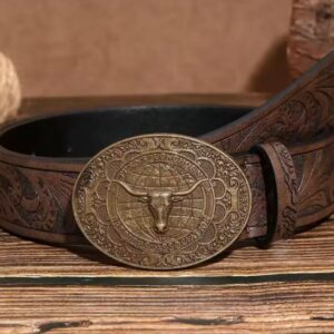 BELTS: Retro Western style bull head round metal buckle floral embossed belt - COFFEE 122CM/48"