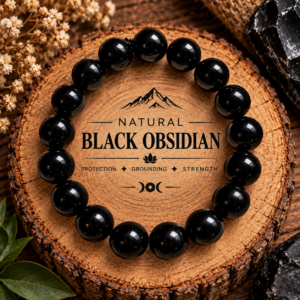 BRACELET - 12MM Natural Obsidian Round Beads - BLACK