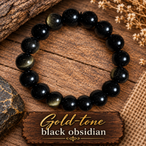 BRACELET - 12MM Natural Obsidian Round Beads - GOLD